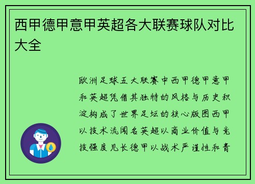 西甲德甲意甲英超各大联赛球队对比大全