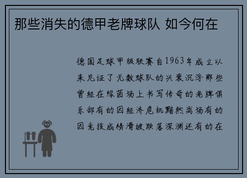 那些消失的德甲老牌球队 如今何在